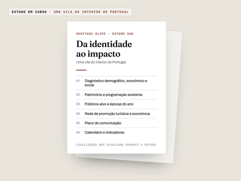 Maqueta da capa de um Estudo 360 para uma vila do interior de Portugal, com o índice em seis capítulos