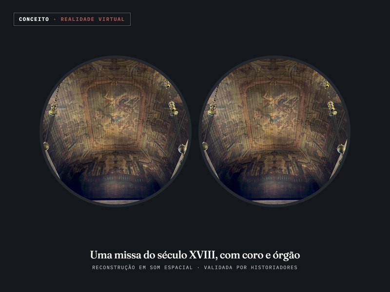 Maqueta da vista de um visor de realidade virtual com o tecto pintado de uma igreja nas duas lentes